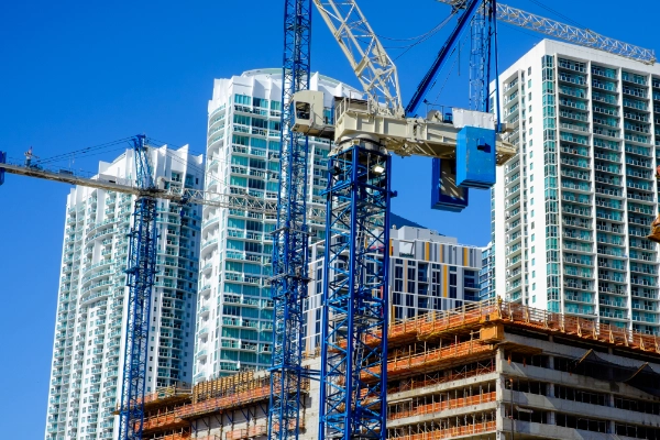 High-rise construction building, outside other high-rise condos.